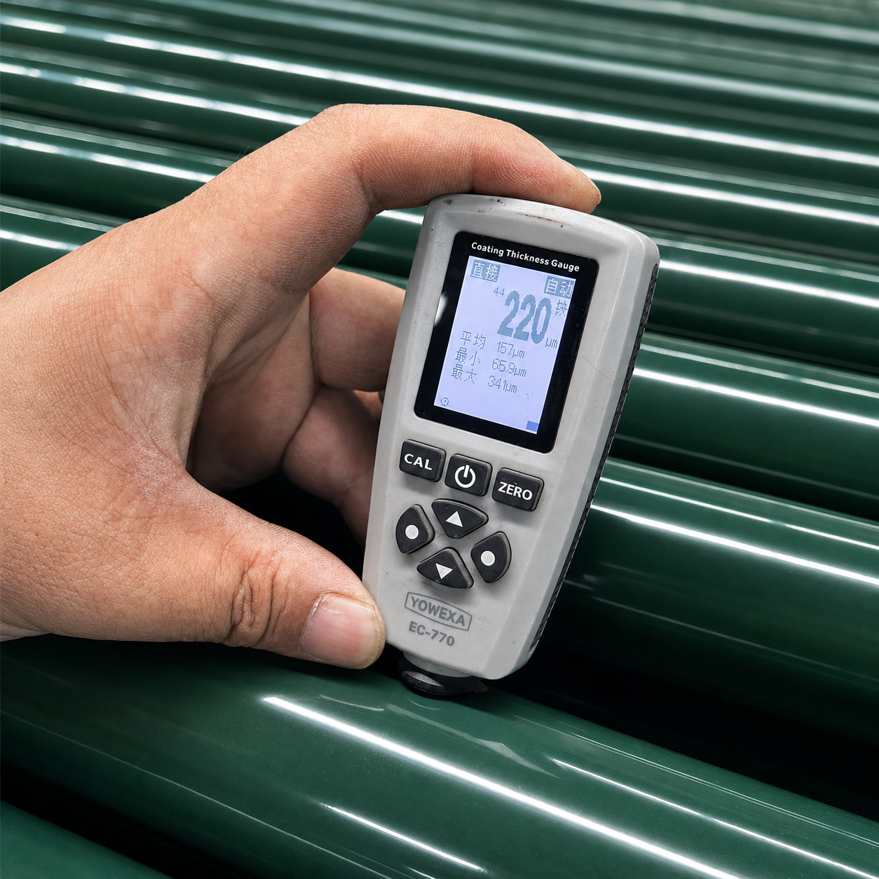 Coating thickness inspection reading taken on a coastal padel court steel component