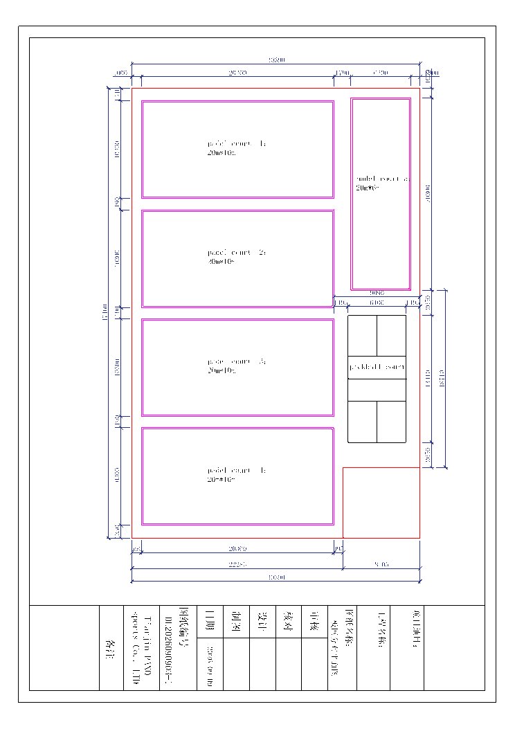 Supplied DL2026090903: four doubles left, singles right and a recreational zone; model dimensions and clearances require reconciliation.