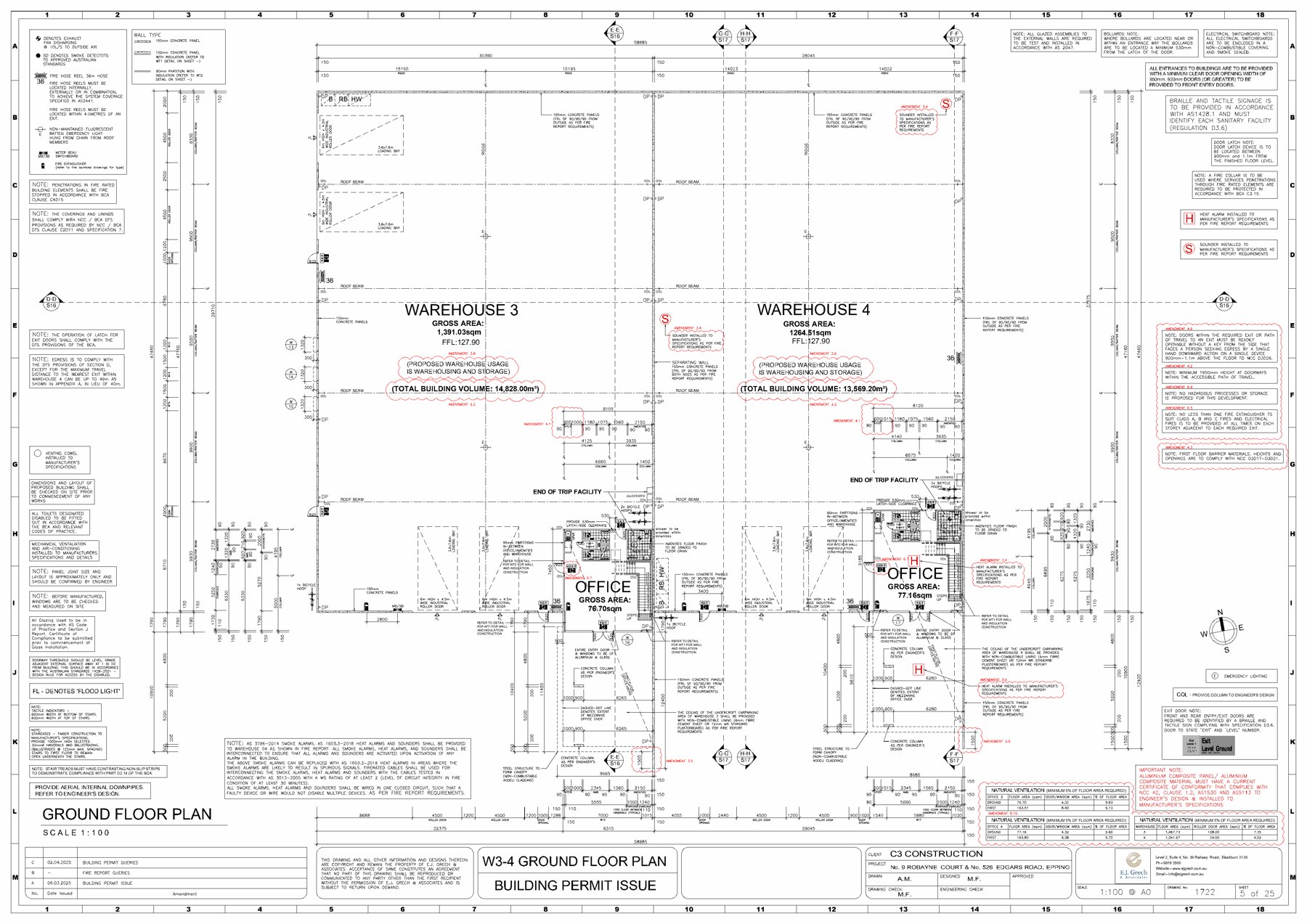 Supplied warehouse drawing: gross areas and existing facilities are not net court-ready floor space.